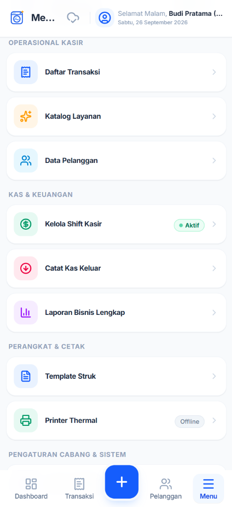 Layar Menu & Pengaturan PLM Laundry POS
