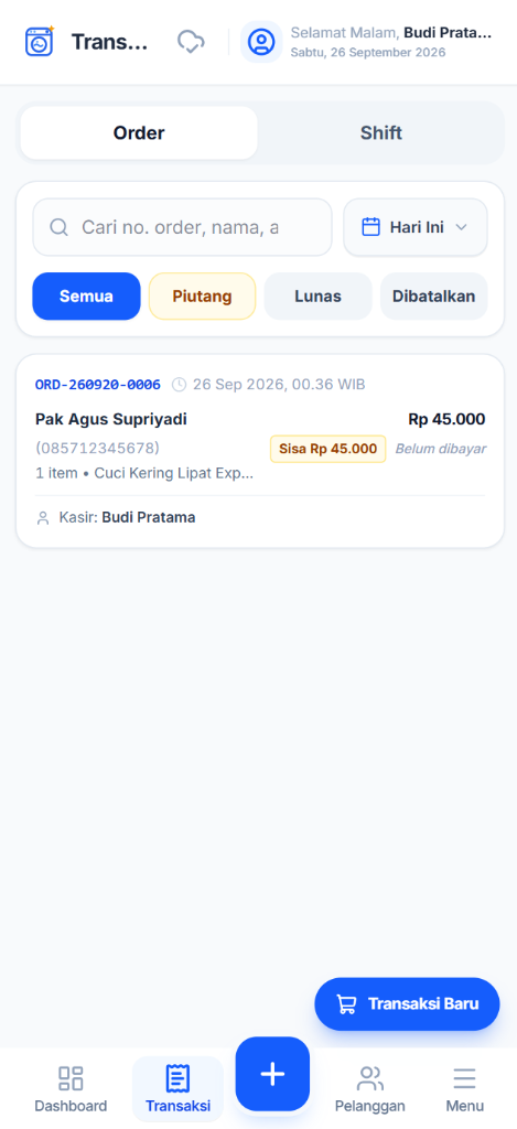 Layar Transaksi & Order PLM Laundry POS